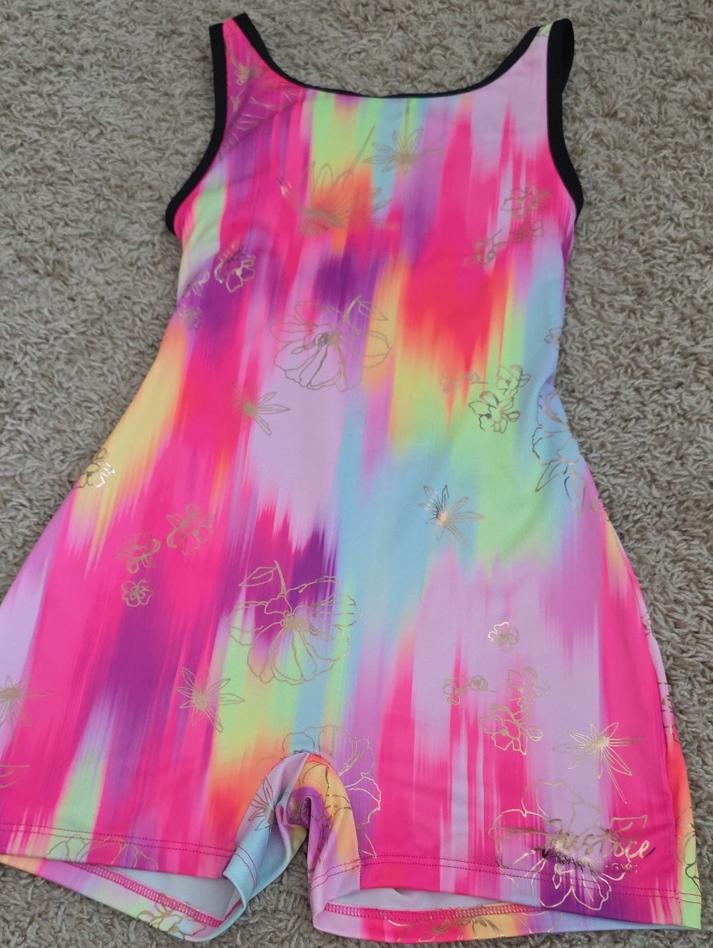Justice Neon Rainbow Floral Active Romper with Black Trim